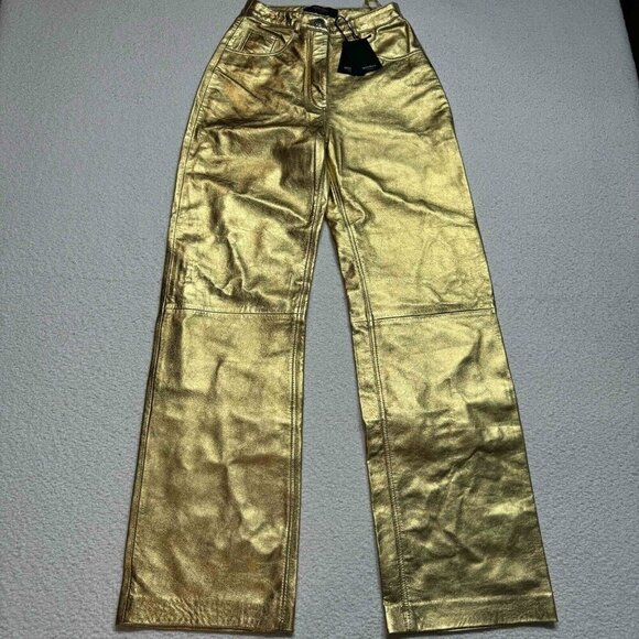 Muubaa London Amy Straight Sheep Leather Jeans 5-Pocket Gold Metallic Size US 0